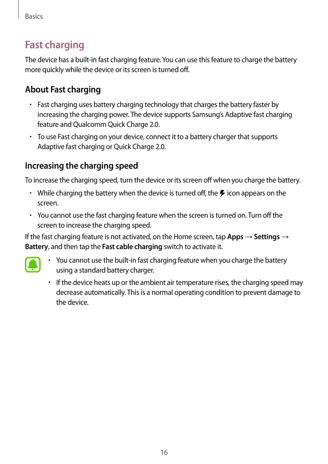 Samsung SM-G920FZWAITV, SM-G920FZKFDBT, SM-G920FZKEDBT manual About Fast charging, Increasing the charging speed 