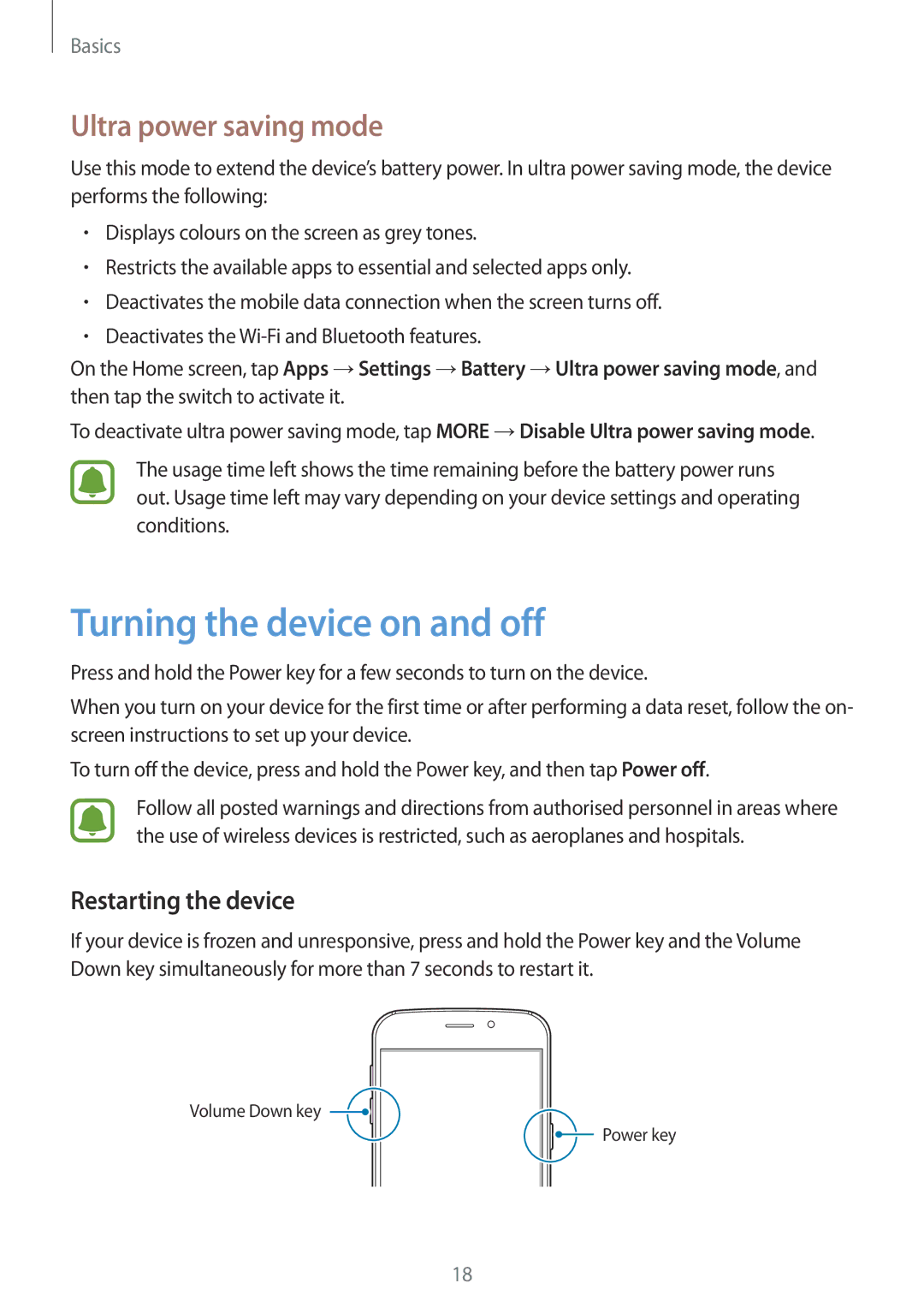 Samsung SM-G920FZDAITV, SM-G920FZKFDBT manual Turning the device on and off, Ultra power saving mode, Restarting the device 