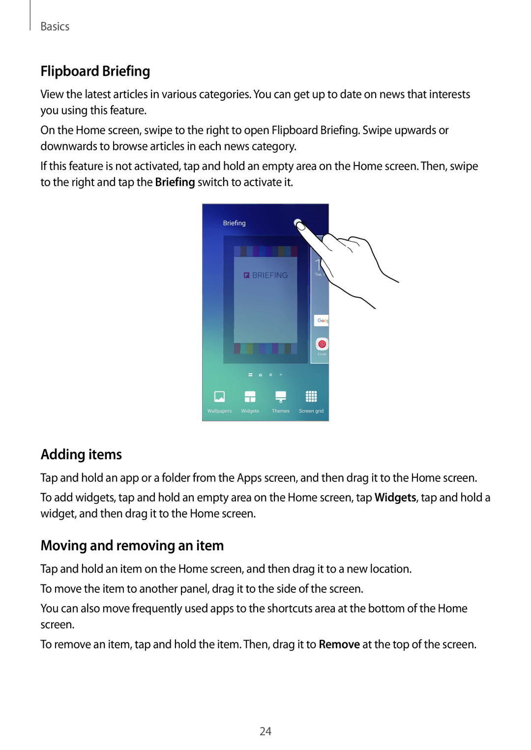 Samsung SM-G920IZKEKSA, SM-G920FZKFDBT, SM-G920FZKEDBT manual Flipboard Briefing, Adding items, Moving and removing an item 