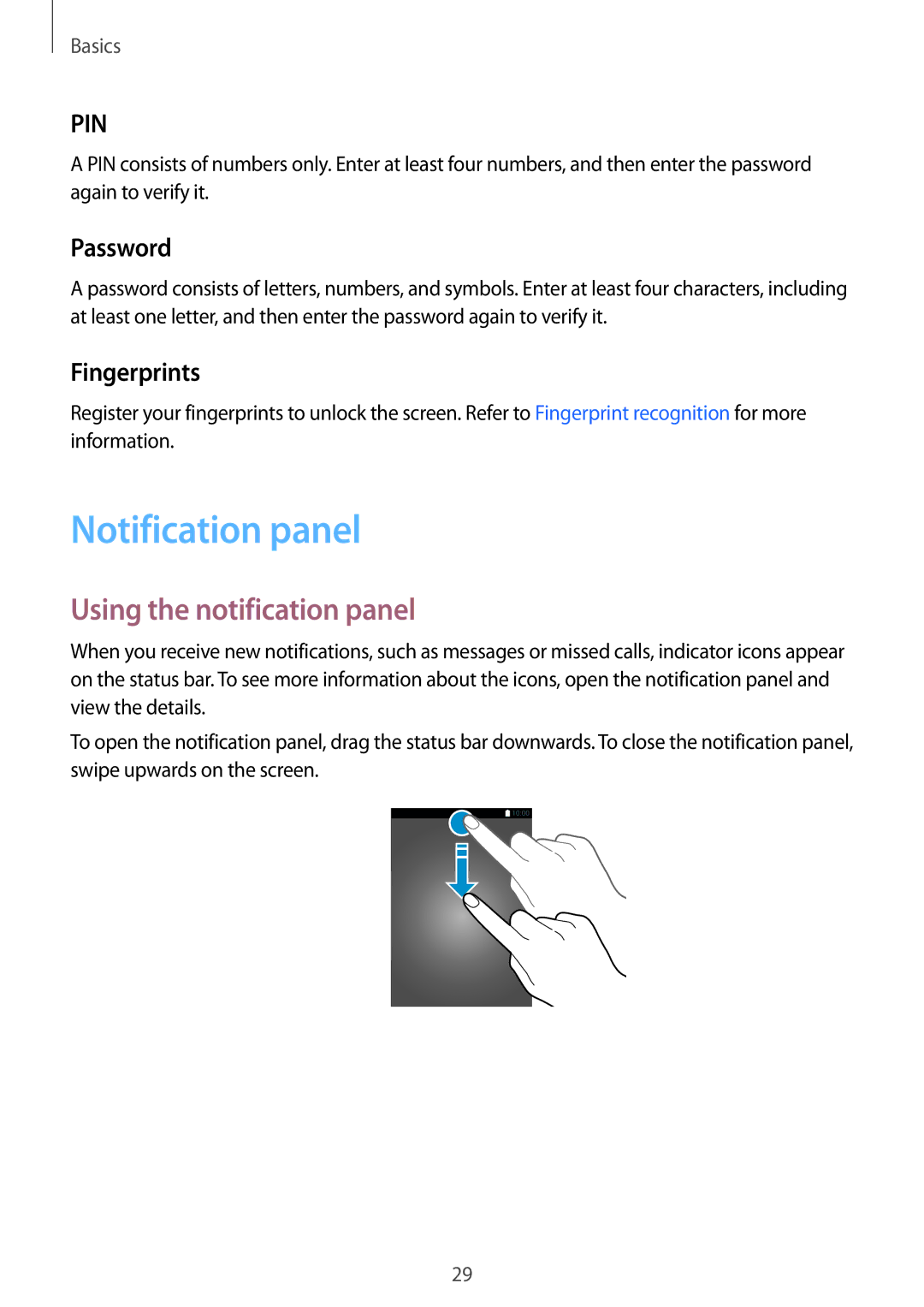 Samsung SM-G920FZWASEE, SM-G920FZKFDBT manual Notification panel, Using the notification panel, Password, Fingerprints 