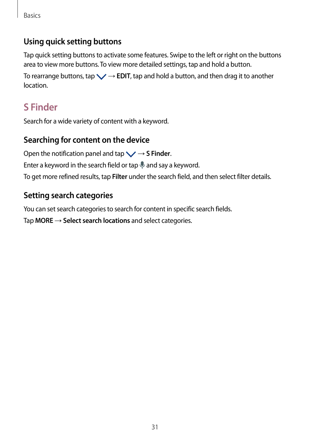 Samsung SM-G920FZBEETL Finder, Using quick setting buttons, Searching for content on the device, Setting search categories 