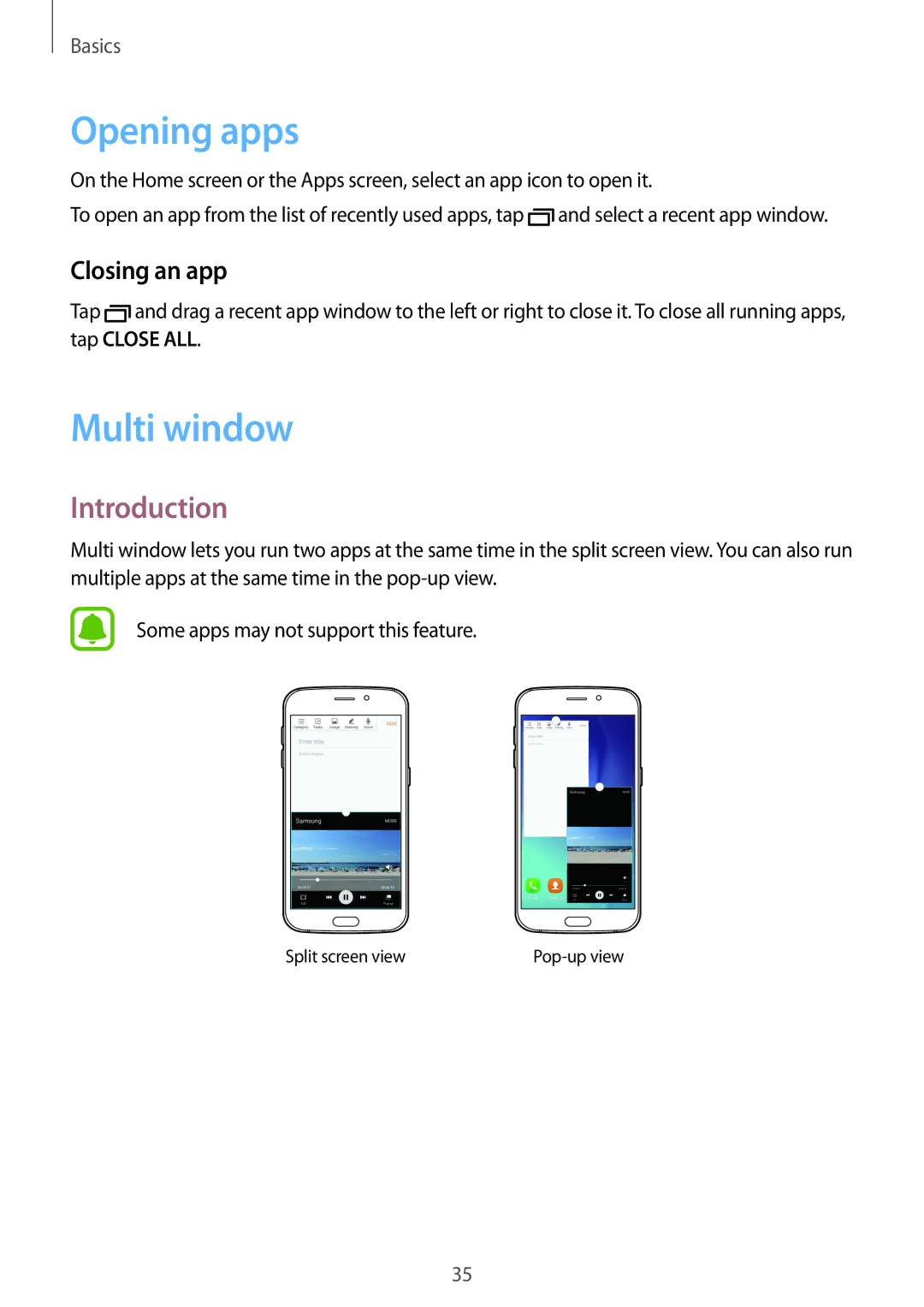 Samsung SM-G920FZBANEE, SM-G920FZKFDBT, SM-G920FZKEDBT manual Opening apps, Multi window, Introduction, Closing an app 