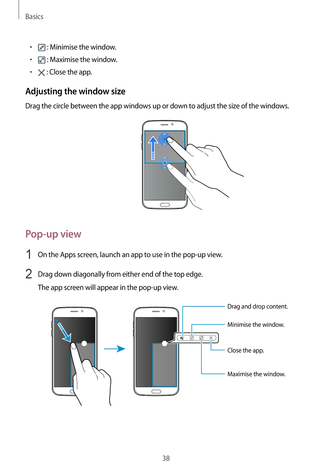 Samsung SM-G920FZKANEE, SM-G920FZKFDBT, SM-G920FZKEDBT, SM-G920FZDEDBT, SM-G920FZBEDBT Pop-up view, Adjusting the window size 