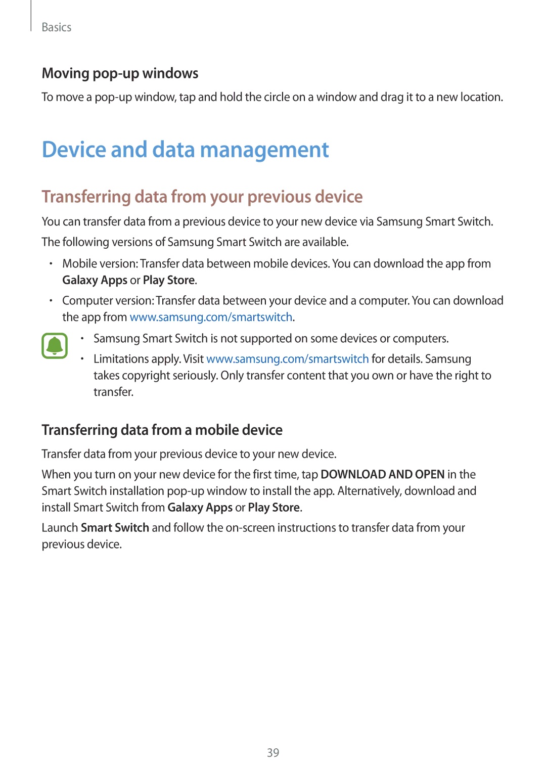 Samsung SM-G920FZWFNEE Device and data management, Transferring data from your previous device, Moving pop-up windows 