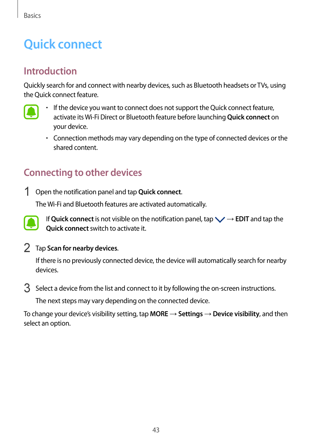 Samsung SM-G920FZKEXEH, SM-G920FZKFDBT manual Quick connect, Connecting to other devices, Tap Scan for nearby devices 