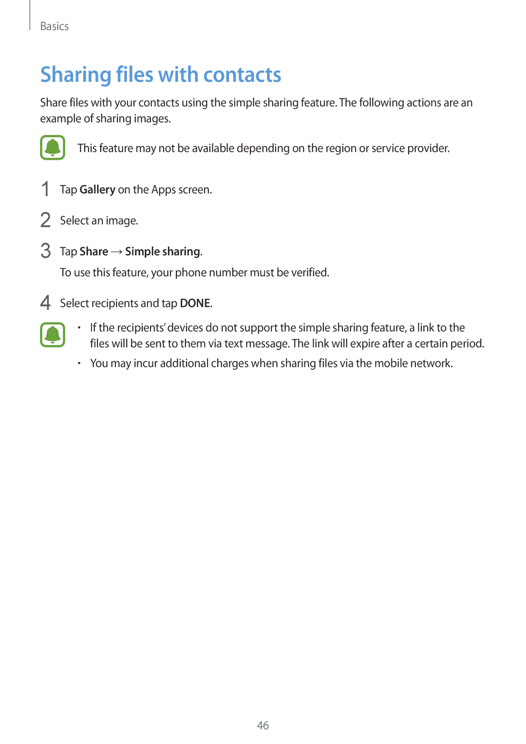 Samsung SM-G920FZKASER, SM-G920FZKFDBT, SM-G920FZKEDBT manual Sharing files with contacts, Tap Share →Simple sharing 