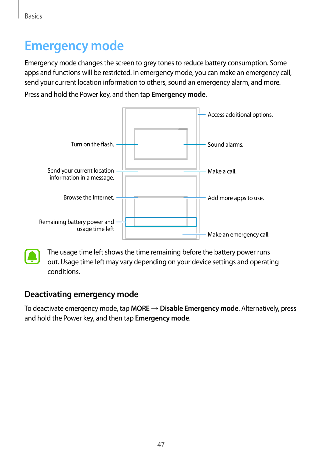 Samsung SM-G920FZWASER, SM-G920FZKFDBT, SM-G920FZKEDBT, SM-G920FZDEDBT manual Emergency mode, Deactivating emergency mode 