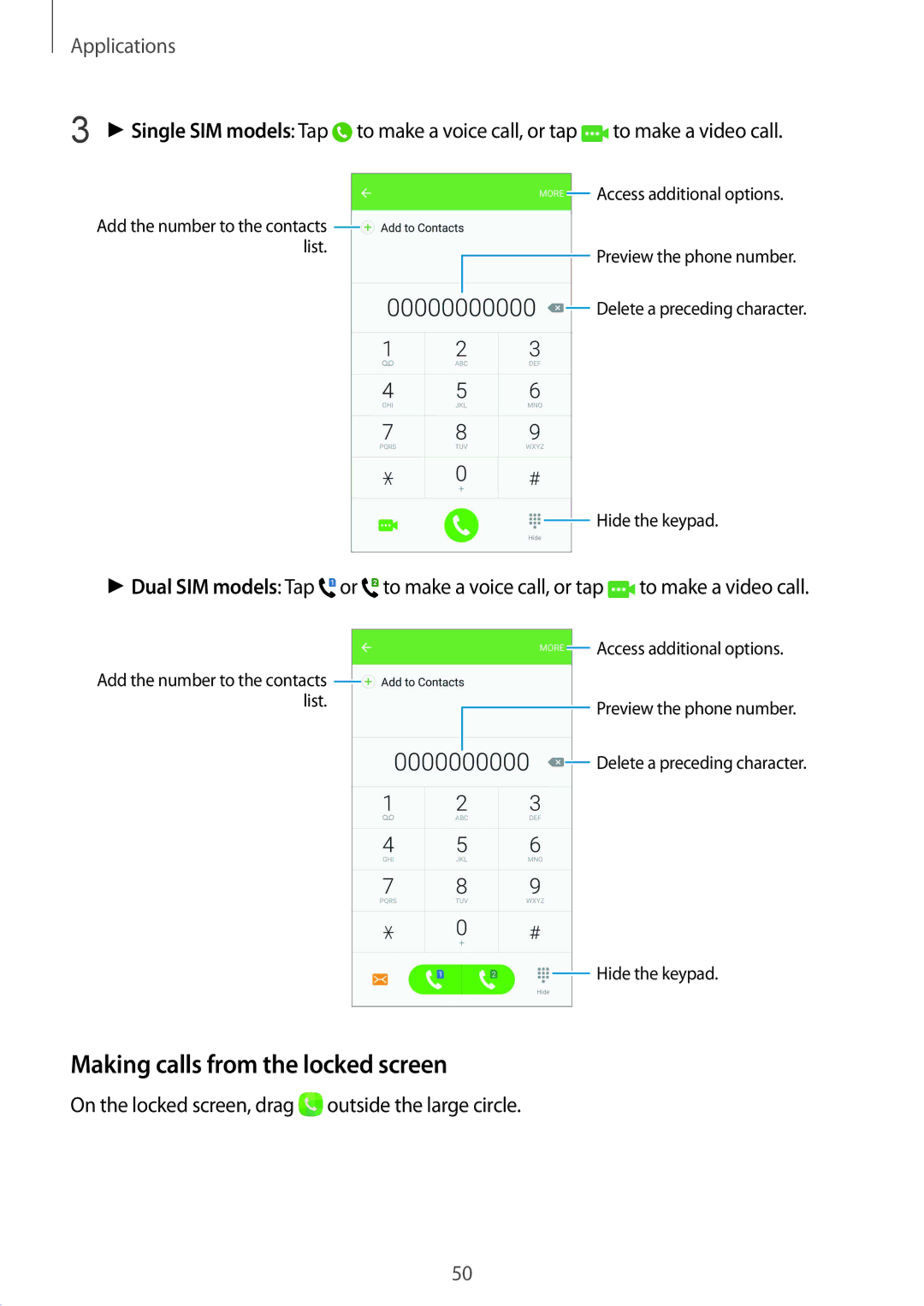 Samsung SM-G920FZDVSER manual Making calls from the locked screen, Single SIM models Tap to make a voice call, or tap 