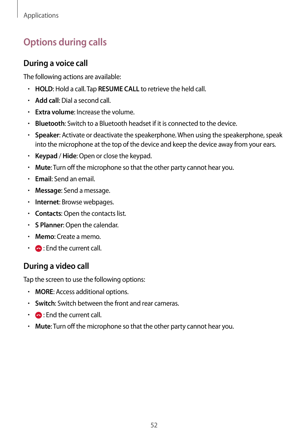 Samsung SM-G920FZKEDBT, SM-G920FZKFDBT, SM-G920FZDEDBT manual Options during calls, During a voice call, During a video call 