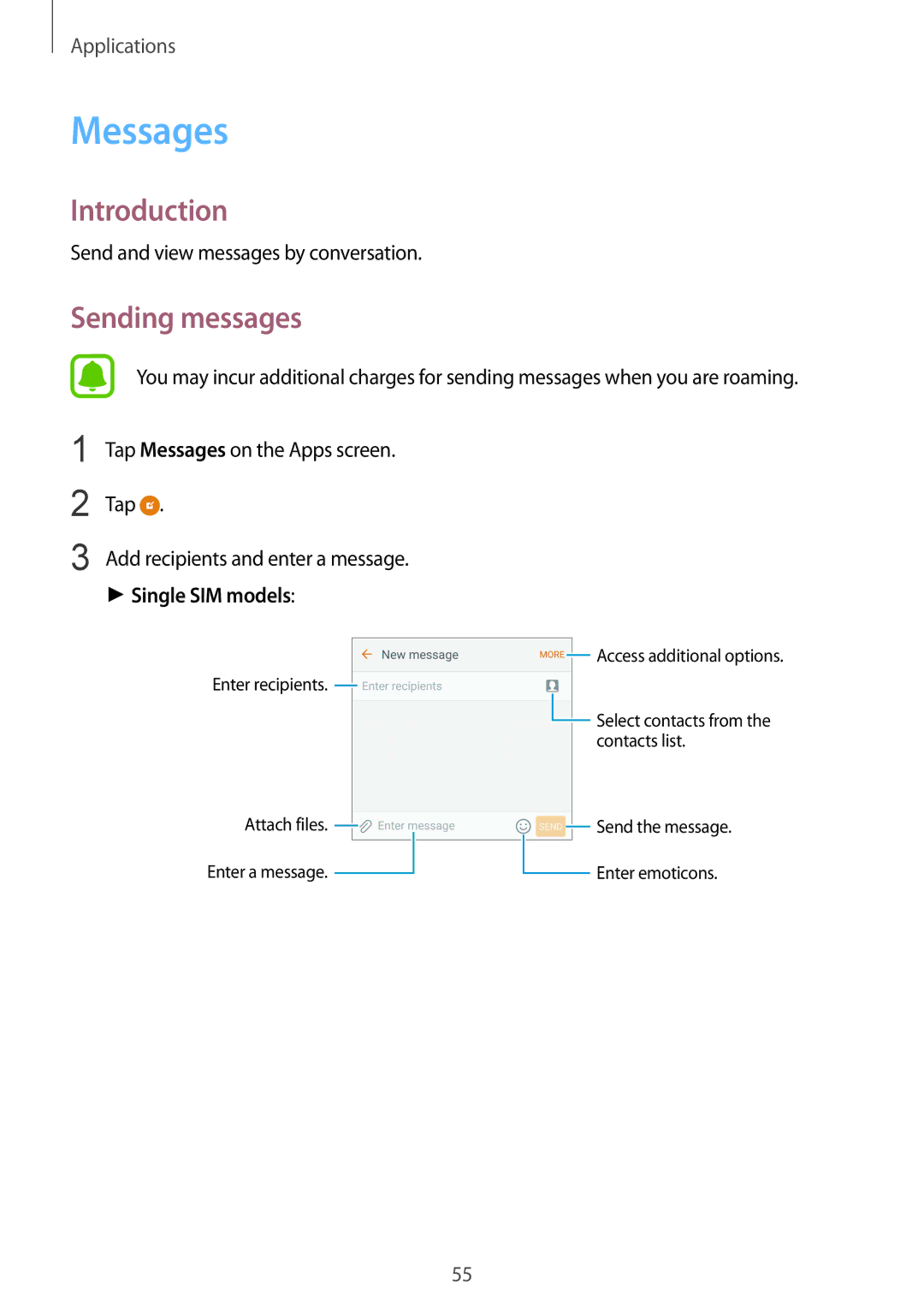 Samsung SM-G920FZBFDBT, SM-G920FZKFDBT, SM-G920FZKEDBT, SM-G920FZDEDBT, SM-G920FZBEDBT manual Messages, Sending messages 