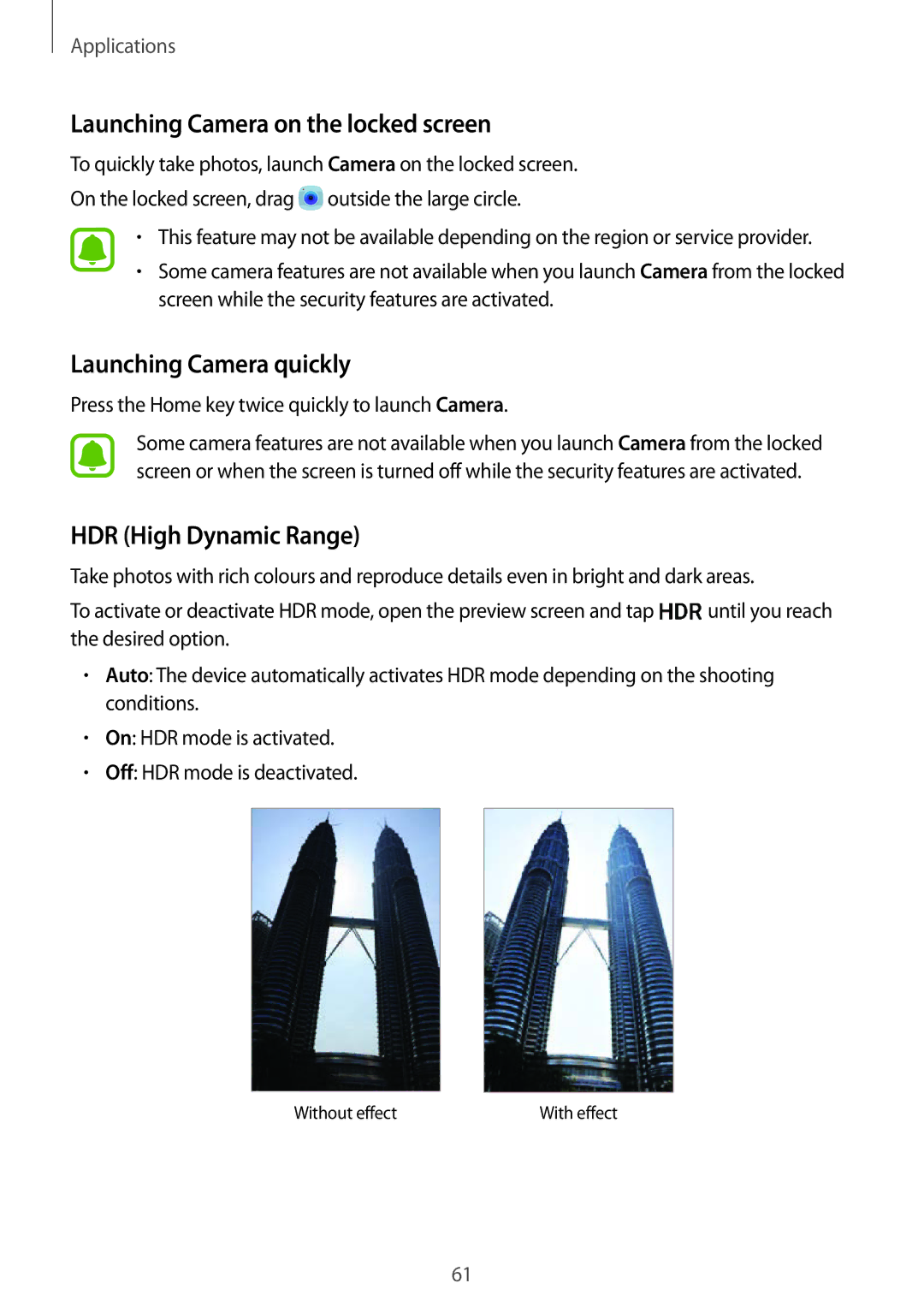 Samsung SM-G920FZBAXEF manual Launching Camera on the locked screen, Launching Camera quickly, HDR High Dynamic Range 