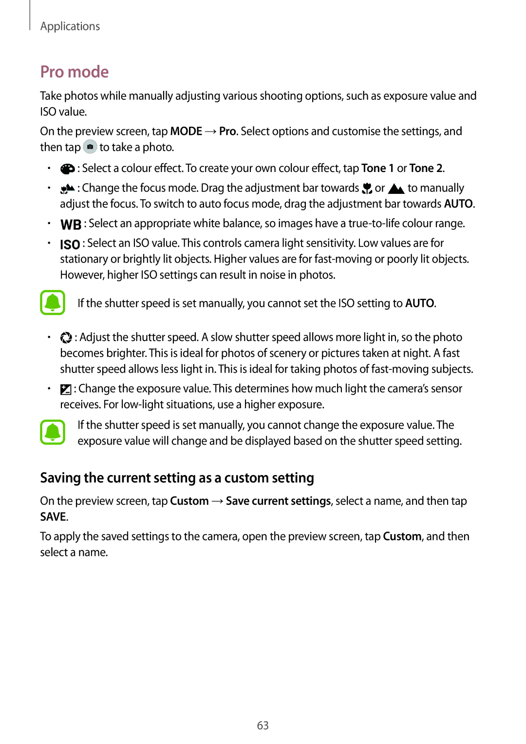 Samsung SM-G920FZWEITV, SM-G920FZKFDBT, SM-G920FZKEDBT manual Pro mode, Saving the current setting as a custom setting 