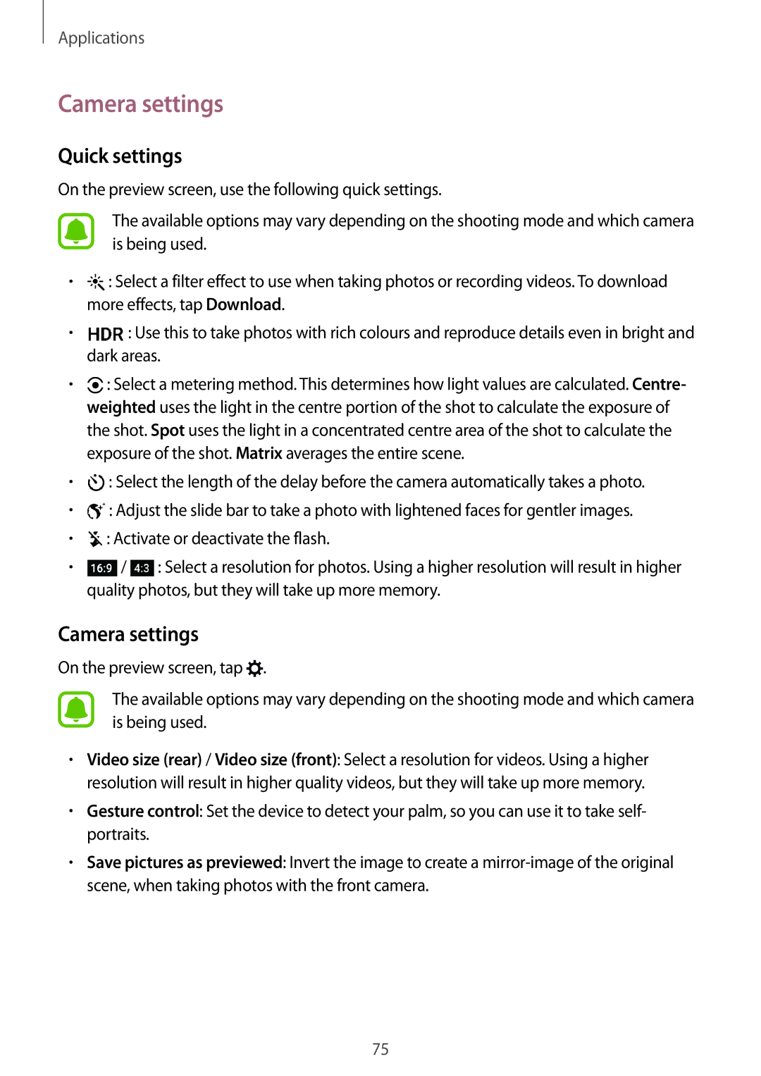 Samsung SM-G920IZKEKSA, SM-G920FZKFDBT, SM-G920FZKEDBT, SM-G920FZDEDBT, SM-G920FZBEDBT manual Camera settings, Quick settings 