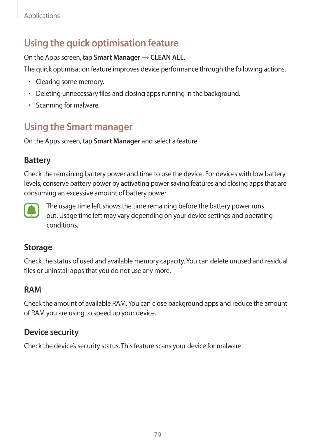 Samsung SM-G920FZKABGL Using the quick optimisation feature, Using the Smart manager, Battery, Storage, Device security 