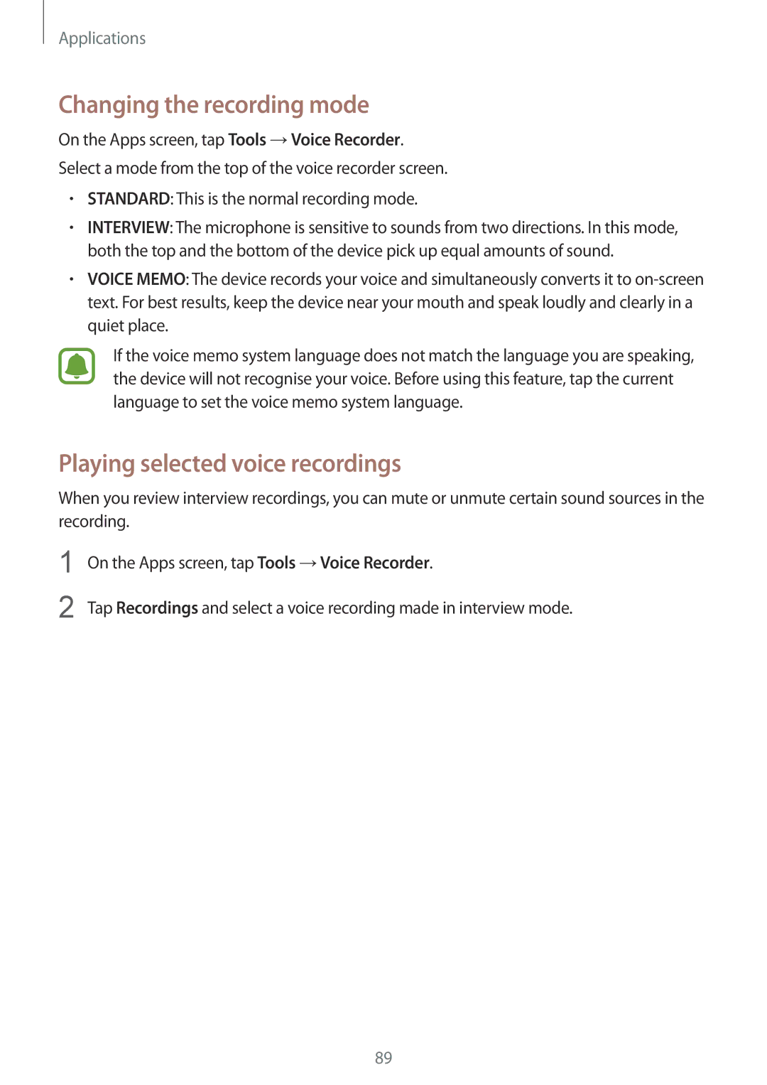 Samsung SM-G920FZKANEE, SM-G920FZKFDBT, SM-G920FZKEDBT manual Changing the recording mode, Playing selected voice recordings 