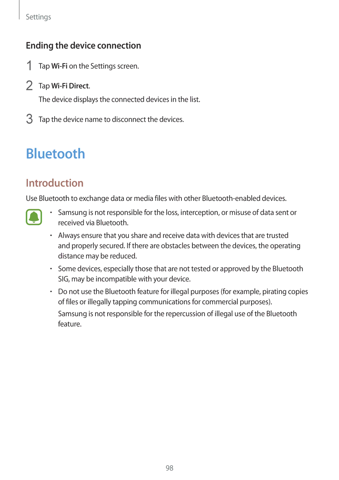 Samsung SM-G920FZWASER, SM-G920FZKFDBT, SM-G920FZKEDBT, SM-G920FZDEDBT manual Bluetooth, Ending the device connection 