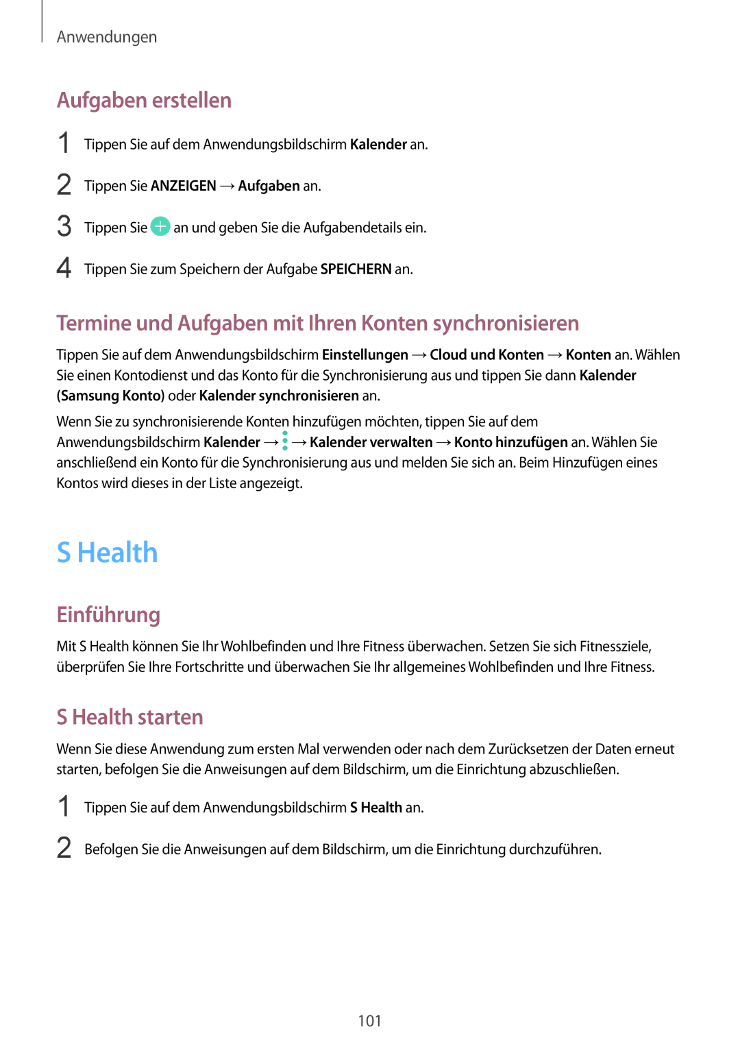 Samsung SM-G920FZWEDBT manual Aufgaben erstellen, Termine und Aufgaben mit Ihren Konten synchronisieren, Health starten 