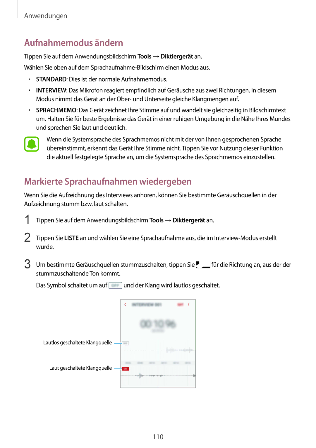 Samsung SM-G920FZWFDBT, SM-G920FZKFDBT, SM-G920FZKEDBT manual Aufnahmemodus ändern, Markierte Sprachaufnahmen wiedergeben 