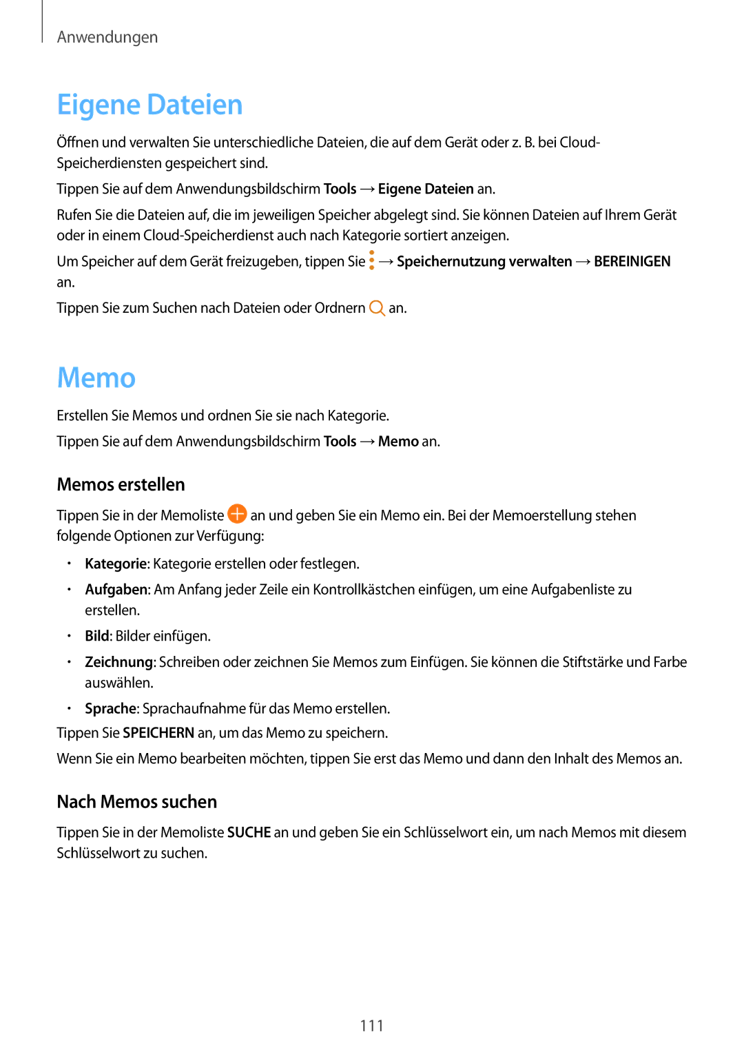 Samsung SM-G920FZDFDBT, SM-G920FZKFDBT, SM-G920FZKEDBT manual Eigene Dateien, Memos erstellen, Nach Memos suchen 
