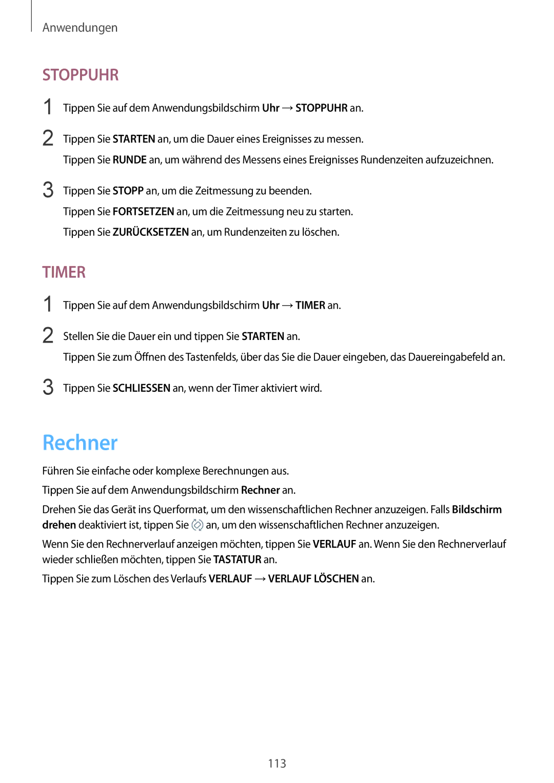 Samsung SM-G920FZKEDBT, SM-G920FZKFDBT, SM-G920FZDEDBT, SM-G920FZBEDBT, SM-G920FZBFDBT, SM-G920FZWEDBT manual Rechner, Stoppuhr 