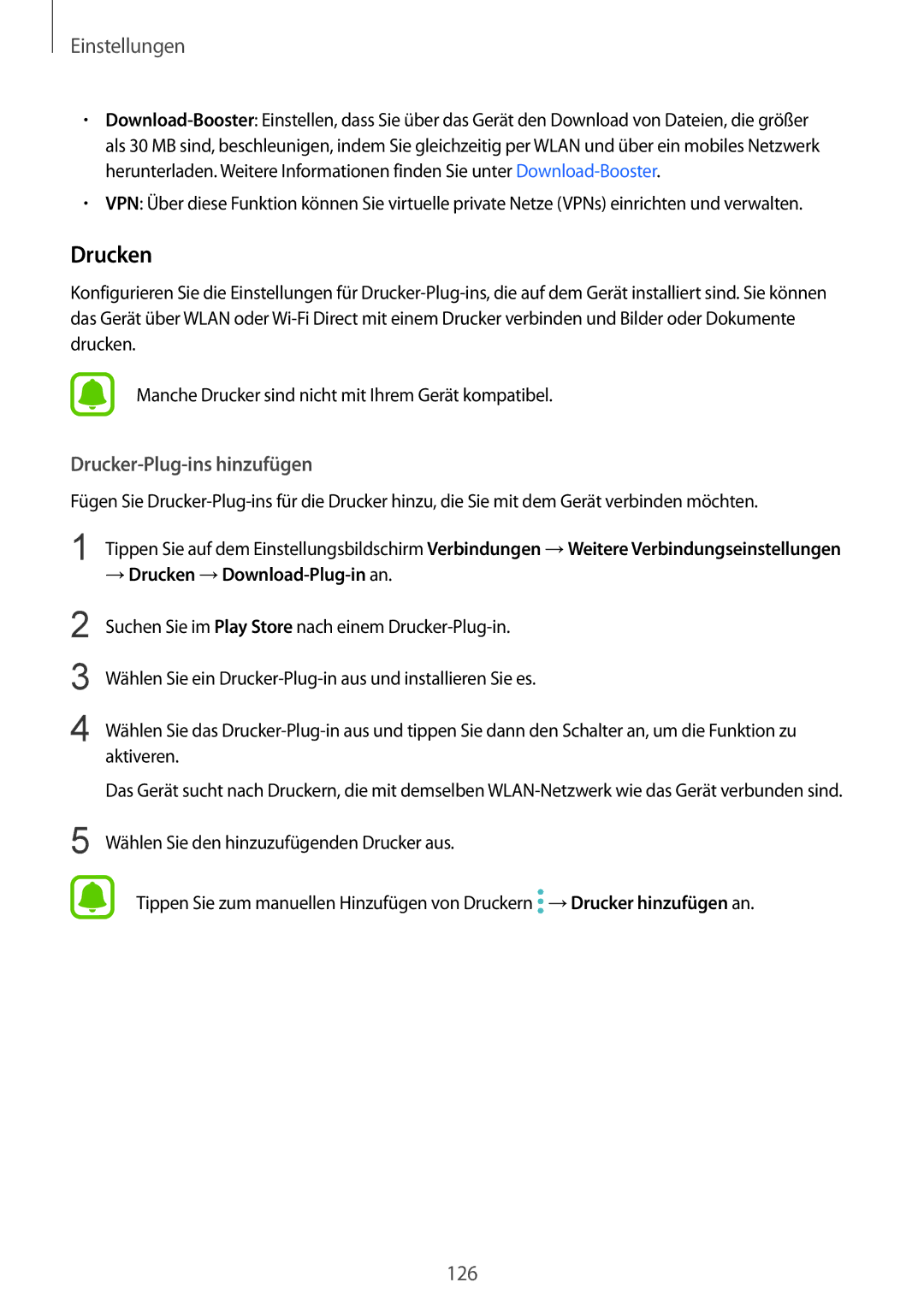 Samsung SM-G920FZWFDBT, SM-G920FZKFDBT, SM-G920FZKEDBT manual Drucker-Plug-ins hinzufügen, → Drucken →Download-Plug-in an 