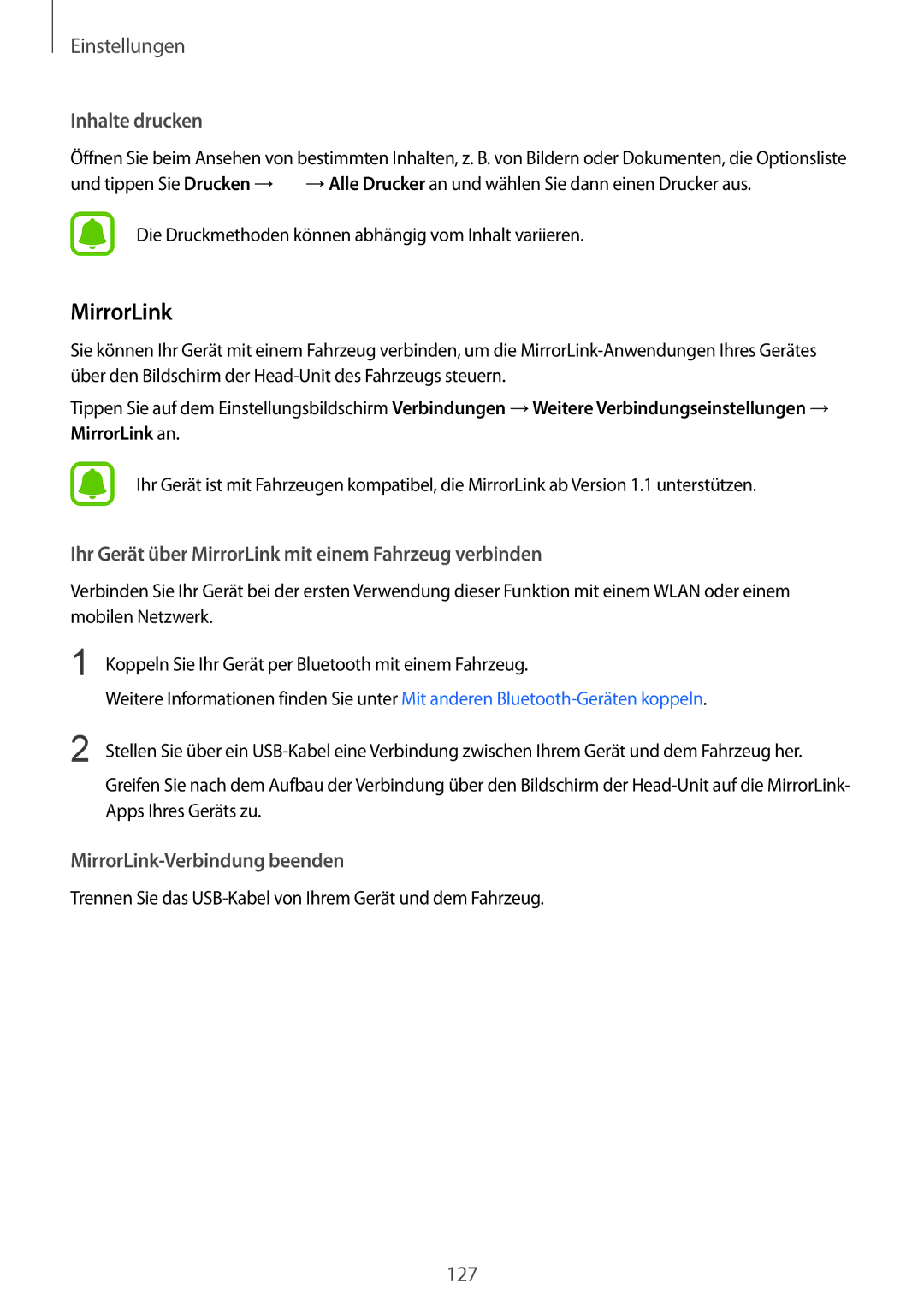 Samsung SM-G920FZDFDBT, SM-G920FZKFDBT manual Inhalte drucken, Ihr Gerät über MirrorLink mit einem Fahrzeug verbinden 