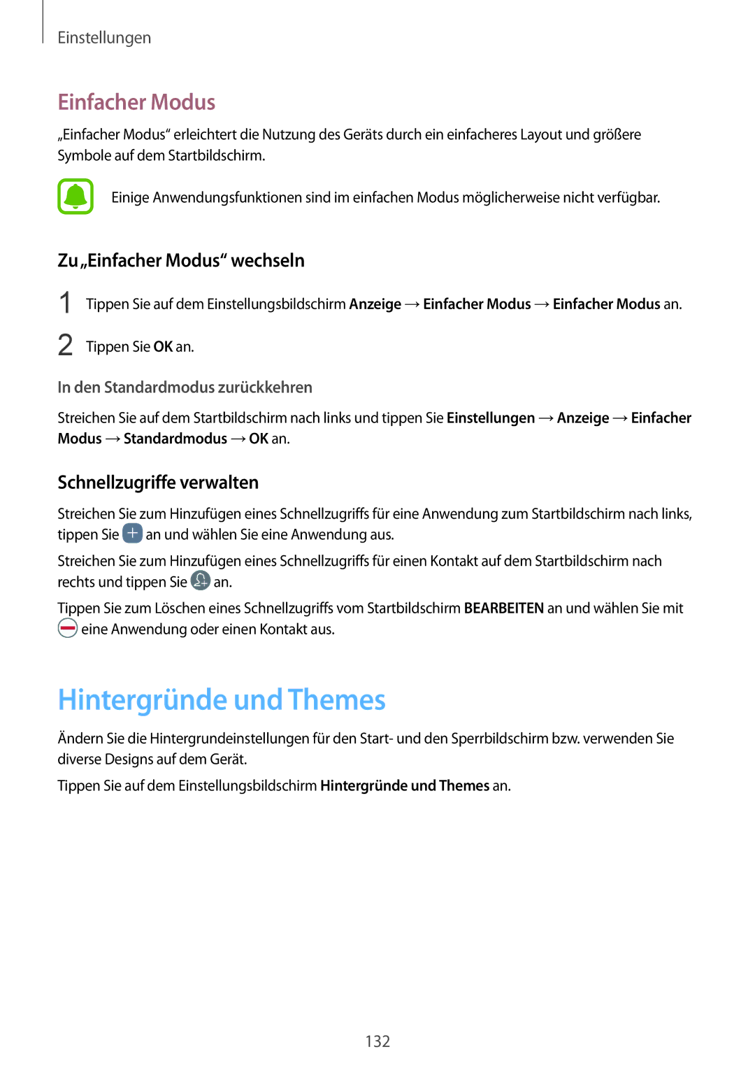 Samsung SM-G920FZBFDBT, SM-G920FZKFDBT Hintergründe und Themes, Zu„Einfacher Modus wechseln, Schnellzugriffe verwalten 