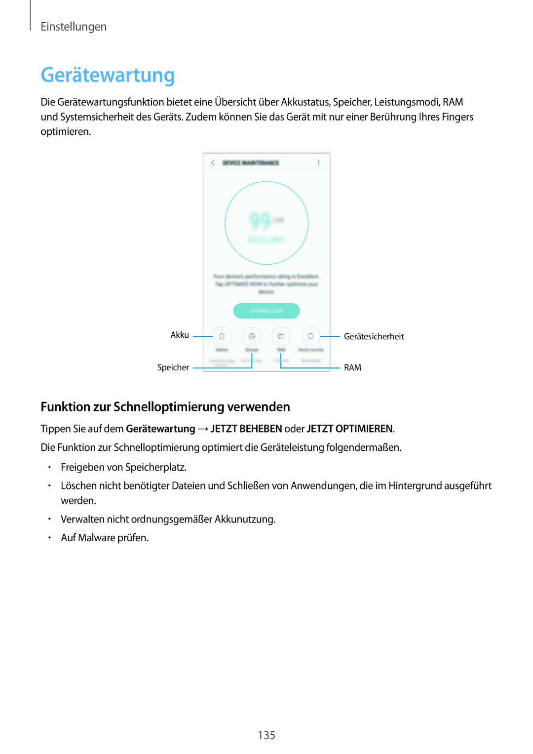 Samsung SM-G920FZDFDBT, SM-G920FZKFDBT, SM-G920FZKEDBT manual Gerätewartung, Funktion zur Schnelloptimierung verwenden 