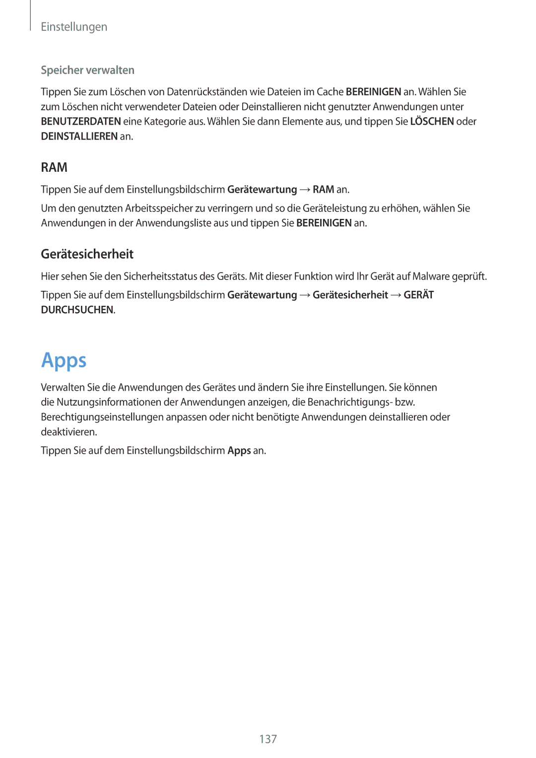 Samsung SM-G920FZKEDBT, SM-G920FZKFDBT, SM-G920FZDEDBT, SM-G920FZBEDBT manual Apps, Gerätesicherheit, Speicher verwalten 