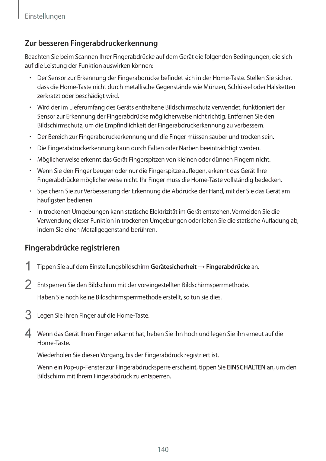 Samsung SM-G920FZBFDBT, SM-G920FZKFDBT, SM-G920FZKEDBT Zur besseren Fingerabdruckerkennung, Fingerabdrücke registrieren 