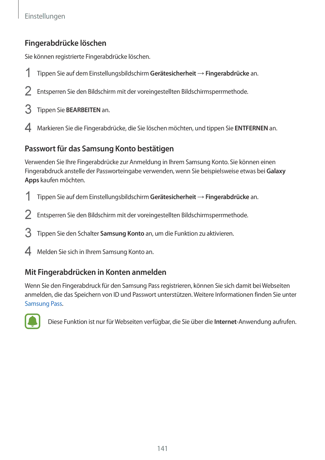 Samsung SM-G920FZWEDBT, SM-G920FZKFDBT, SM-G920FZKEDBT Fingerabdrücke löschen, Passwort für das Samsung Konto bestätigen 