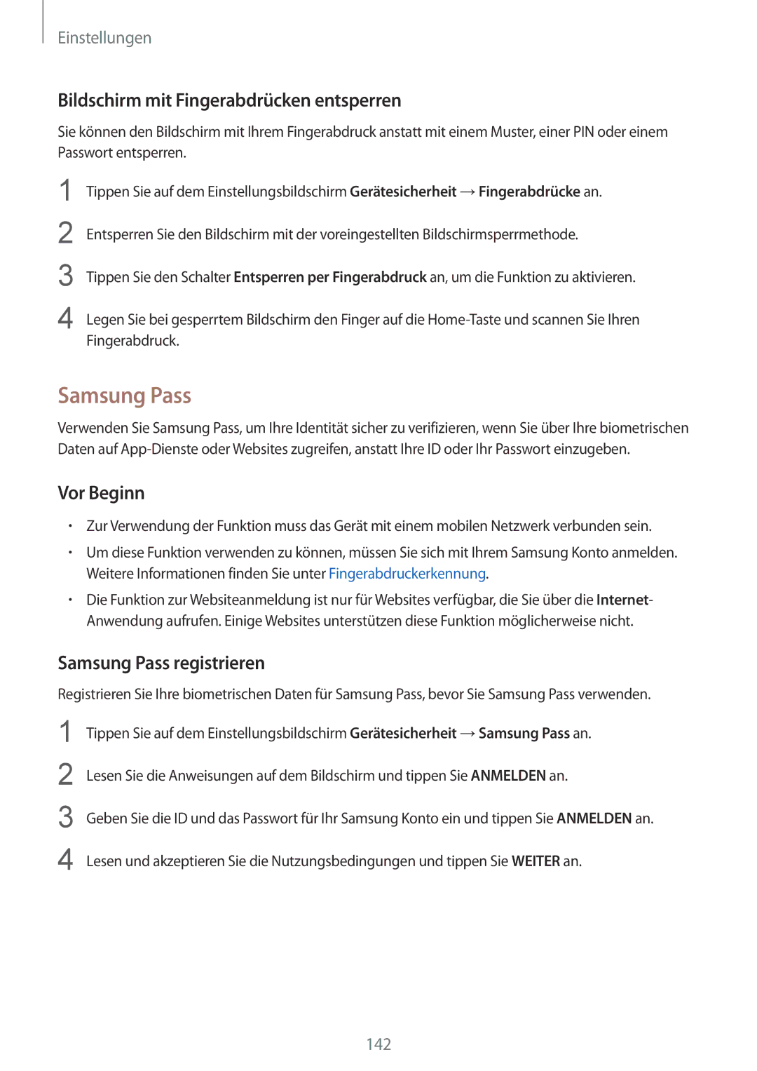 Samsung SM-G920FZWFDBT, SM-G920FZKFDBT manual Bildschirm mit Fingerabdrücken entsperren, Samsung Pass registrieren 