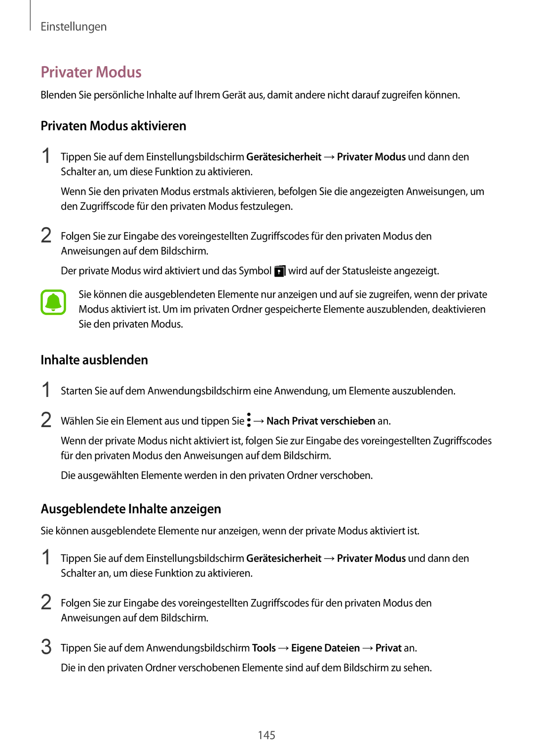 Samsung SM-G920FZKEDBT manual Privater Modus, Privaten Modus aktivieren, Inhalte ausblenden, Ausgeblendete Inhalte anzeigen 