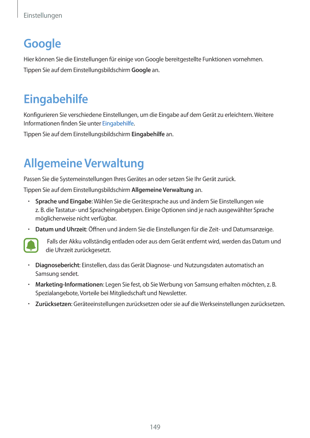 Samsung SM-G920FZWEDBT, SM-G920FZKFDBT, SM-G920FZKEDBT, SM-G920FZDEDBT manual Google, Eingabehilfe, Allgemeine Verwaltung 