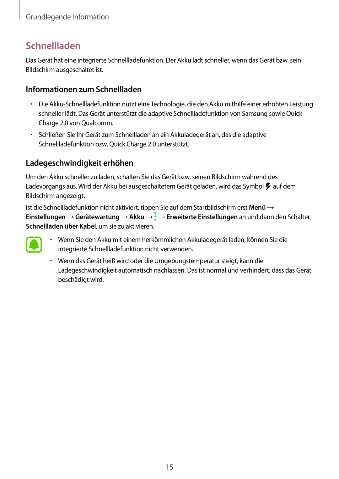 Samsung SM-G920FZDFDBT, SM-G920FZKFDBT, SM-G920FZKEDBT manual Informationen zum Schnellladen, Ladegeschwindigkeit erhöhen 