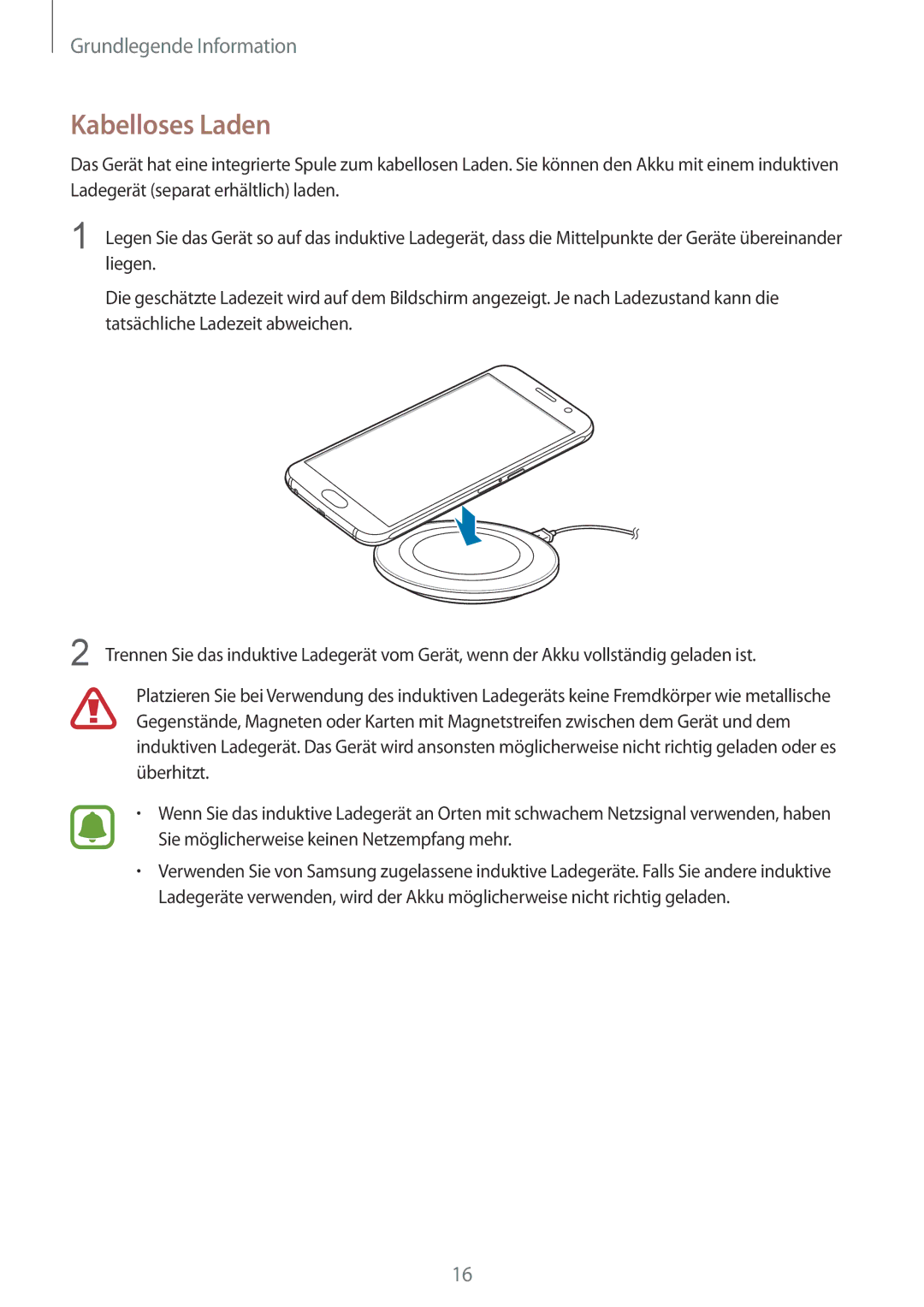 Samsung SM-G920FZKFDBT, SM-G920FZKEDBT, SM-G920FZDEDBT, SM-G920FZBEDBT, SM-G920FZBFDBT, SM-G920FZWEDBT manual Kabelloses Laden 