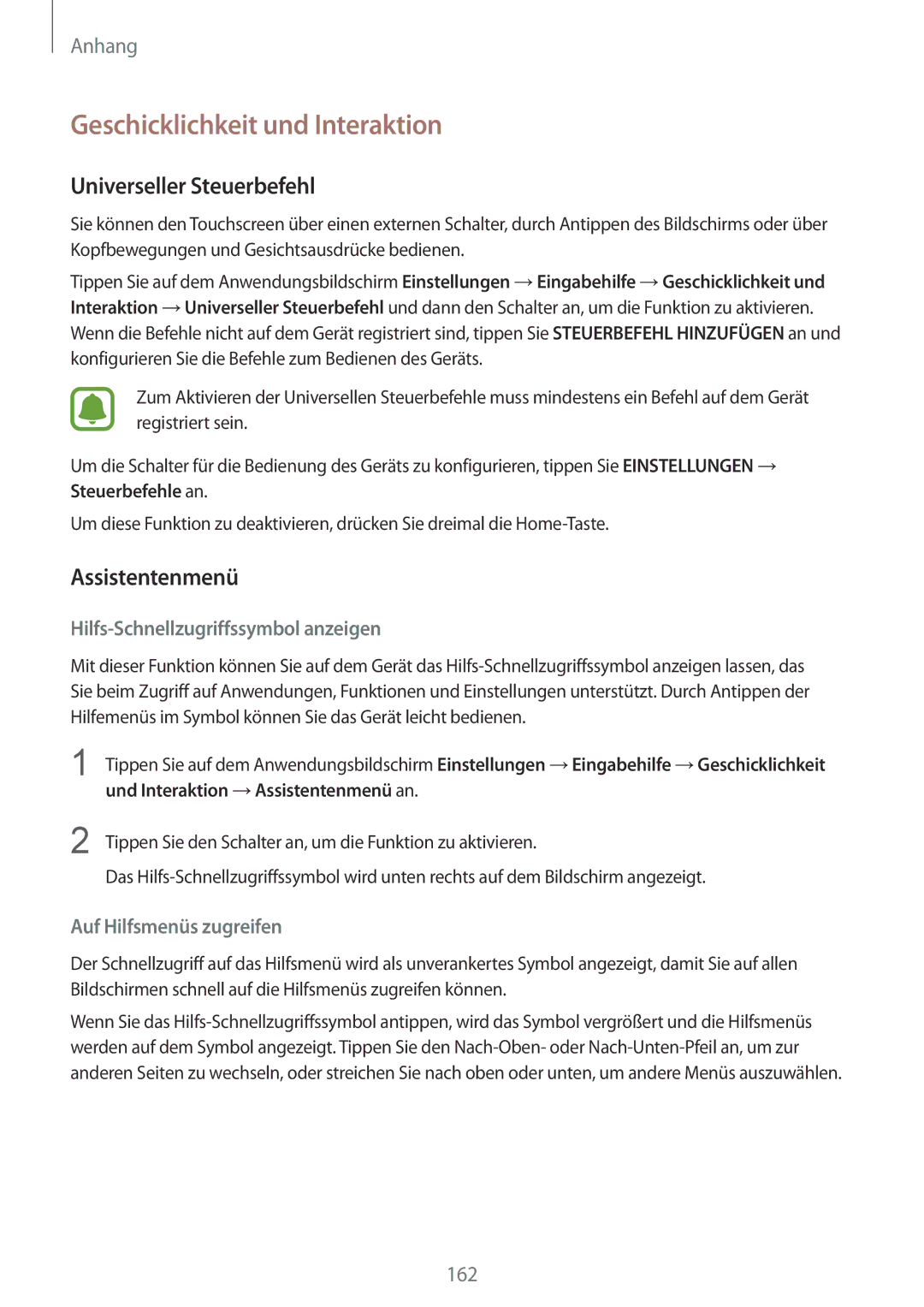 Samsung SM-G920FZDEDBT, SM-G920FZKFDBT manual Geschicklichkeit und Interaktion, Universeller Steuerbefehl, Assistentenmenü 