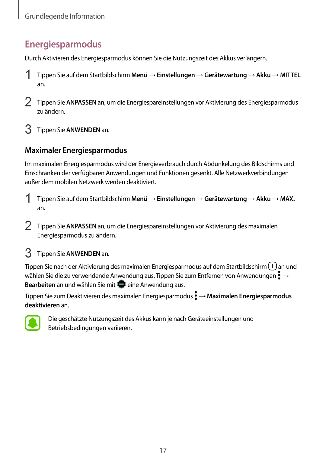 Samsung SM-G920FZKEDBT, SM-G920FZKFDBT, SM-G920FZDEDBT, SM-G920FZBEDBT, SM-G920FZBFDBT manual Maximaler Energiesparmodus 