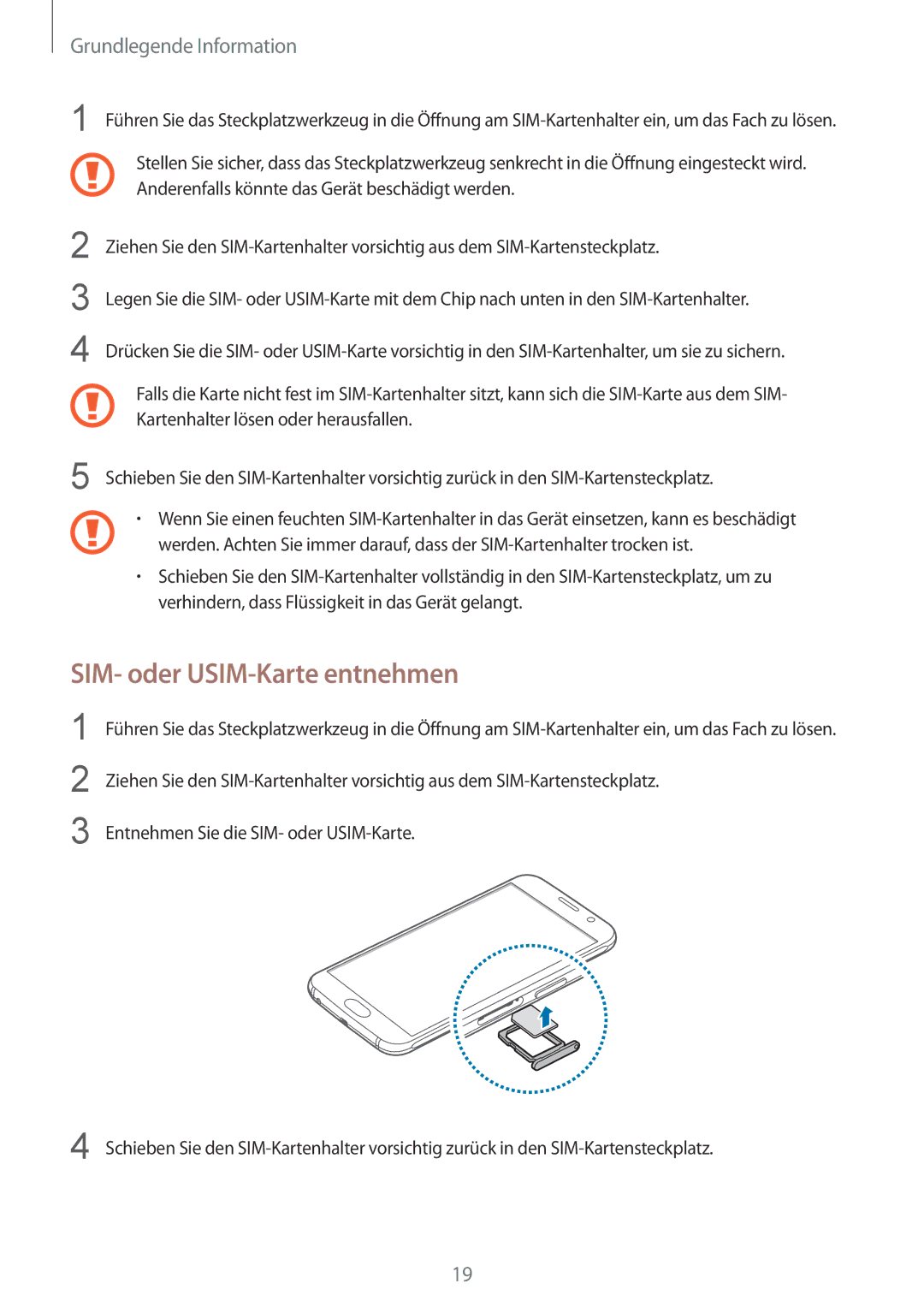 Samsung SM-G920FZBEDBT, SM-G920FZKFDBT, SM-G920FZKEDBT, SM-G920FZDEDBT, SM-G920FZBFDBT manual SIM- oder USIM-Karte entnehmen 