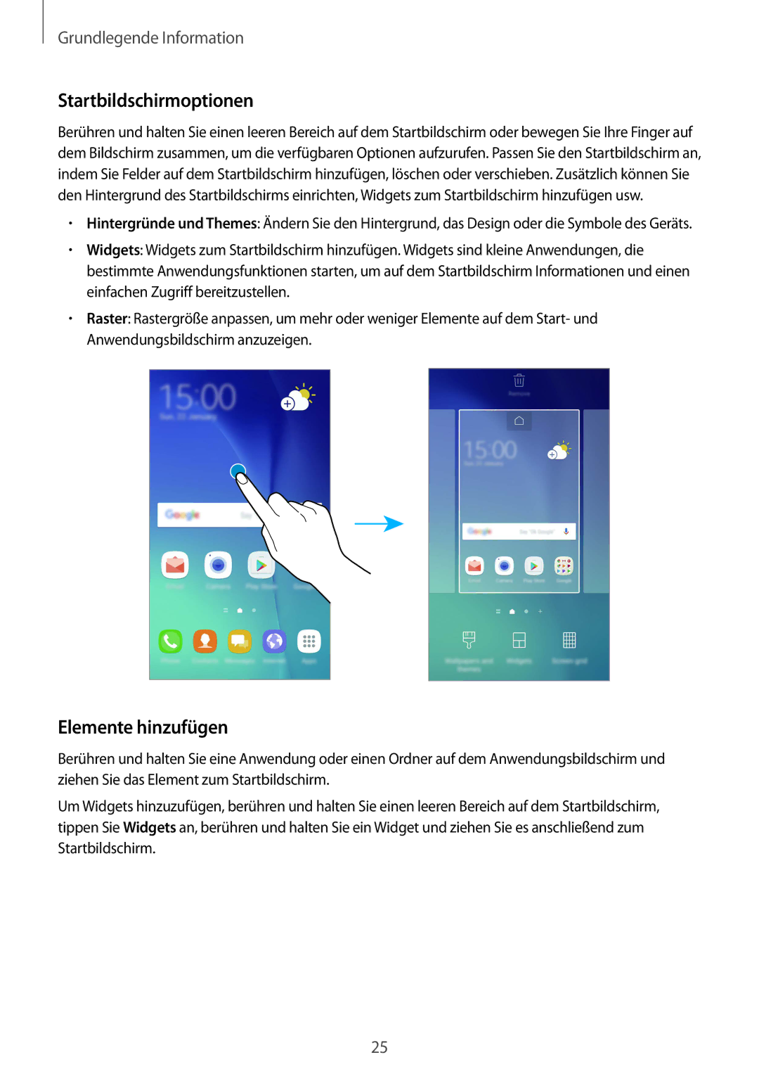 Samsung SM-G920FZKEDBT, SM-G920FZKFDBT, SM-G920FZDEDBT, SM-G920FZBEDBT manual Startbildschirmoptionen, Elemente hinzufügen 