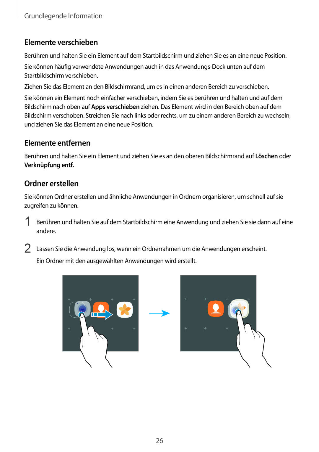 Samsung SM-G920FZDEDBT, SM-G920FZKFDBT manual Elemente verschieben, Elemente entfernen, Ordner erstellen, Verknüpfung entf 