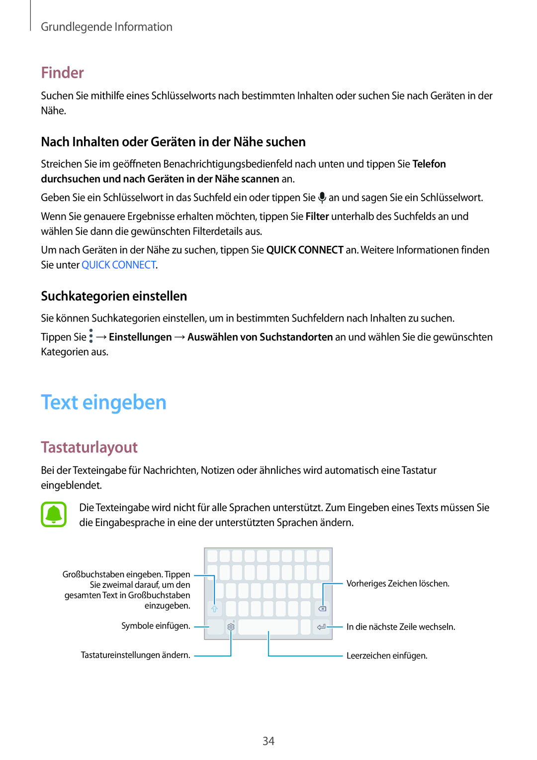 Samsung SM-G920FZDEDBT manual Text eingeben, Finder, Tastaturlayout, Nach Inhalten oder Geräten in der Nähe suchen 