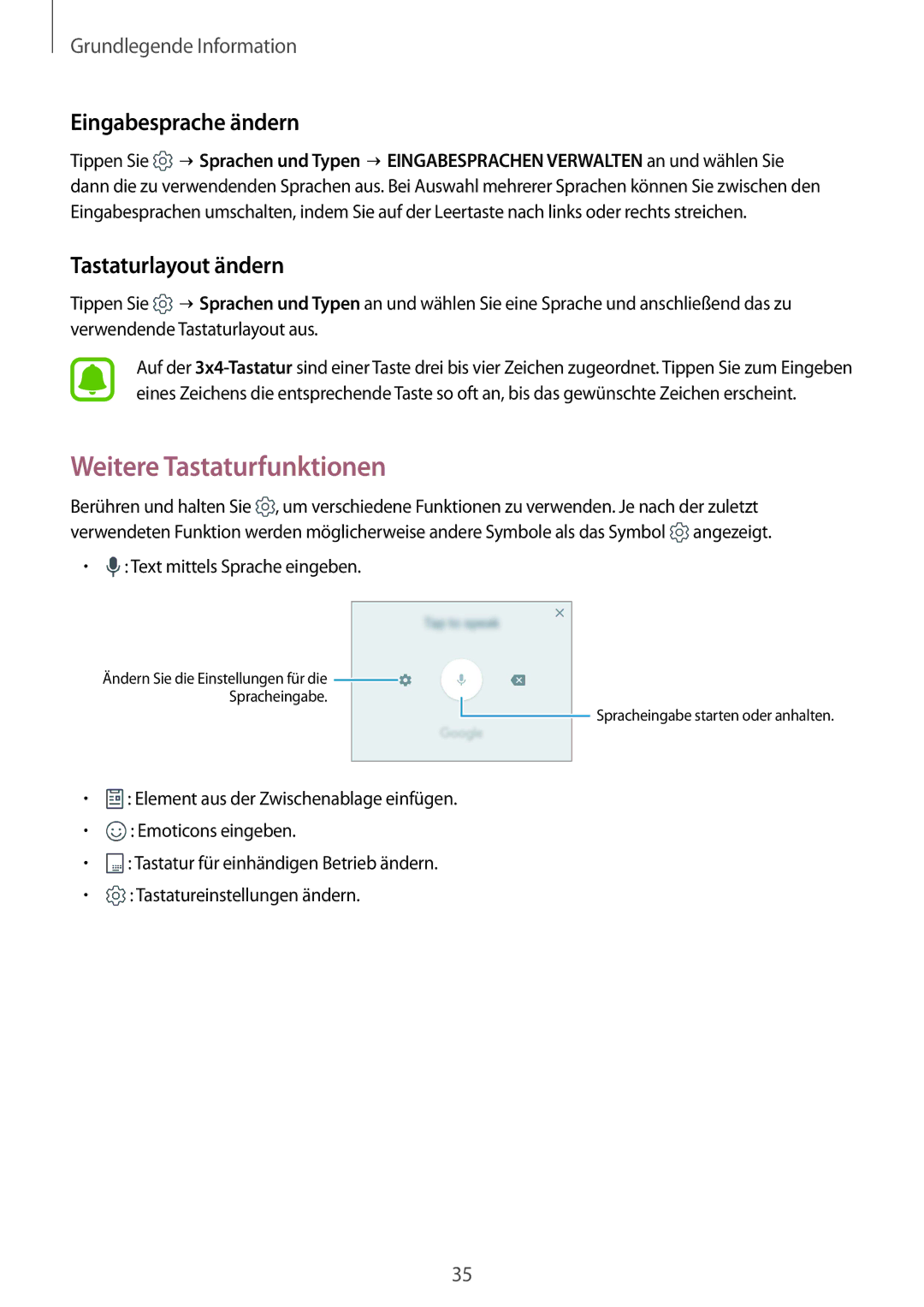 Samsung SM-G920FZBEDBT, SM-G920FZKFDBT manual Weitere Tastaturfunktionen, Eingabesprache ändern, Tastaturlayout ändern 