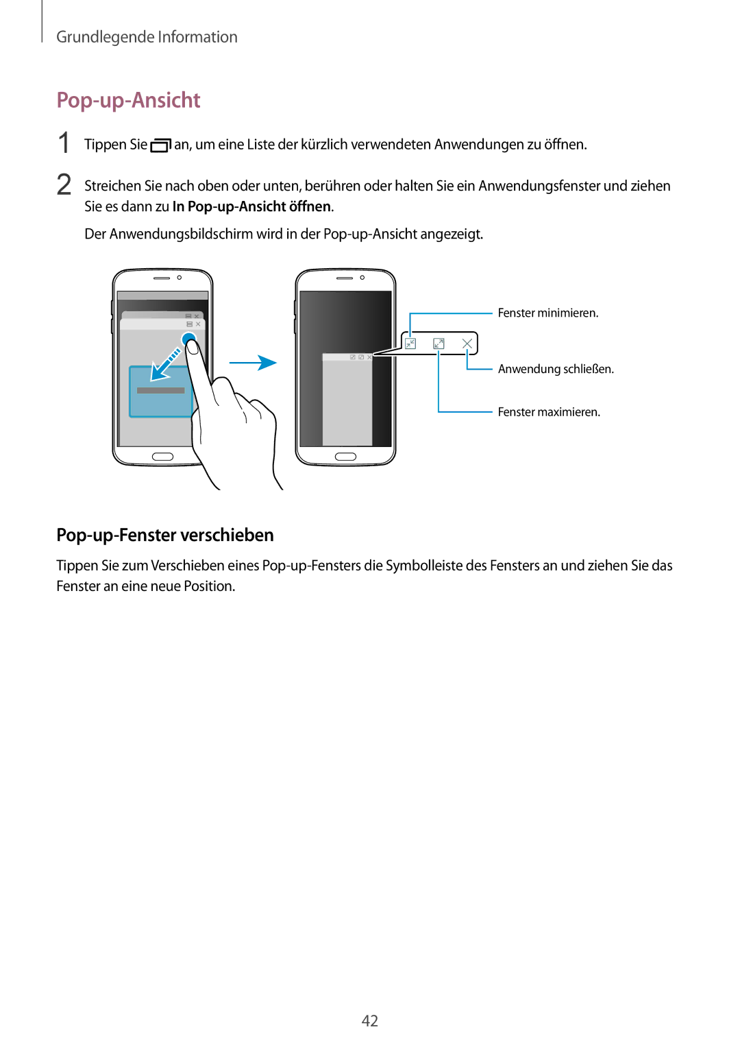 Samsung SM-G920FZDEDBT, SM-G920FZKFDBT, SM-G920FZKEDBT, SM-G920FZBEDBT manual Pop-up-Ansicht, Pop-up-Fenster verschieben 