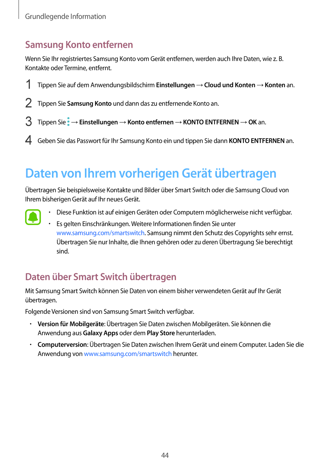 Samsung SM-G920FZBFDBT, SM-G920FZKFDBT, SM-G920FZKEDBT Daten von Ihrem vorherigen Gerät übertragen, Samsung Konto entfernen 