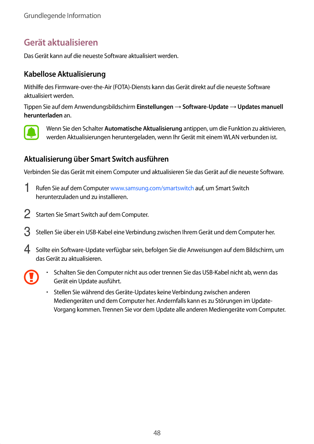 Samsung SM-G920FZKFDBT manual Gerät aktualisieren, Kabellose Aktualisierung, Aktualisierung über Smart Switch ausführen 