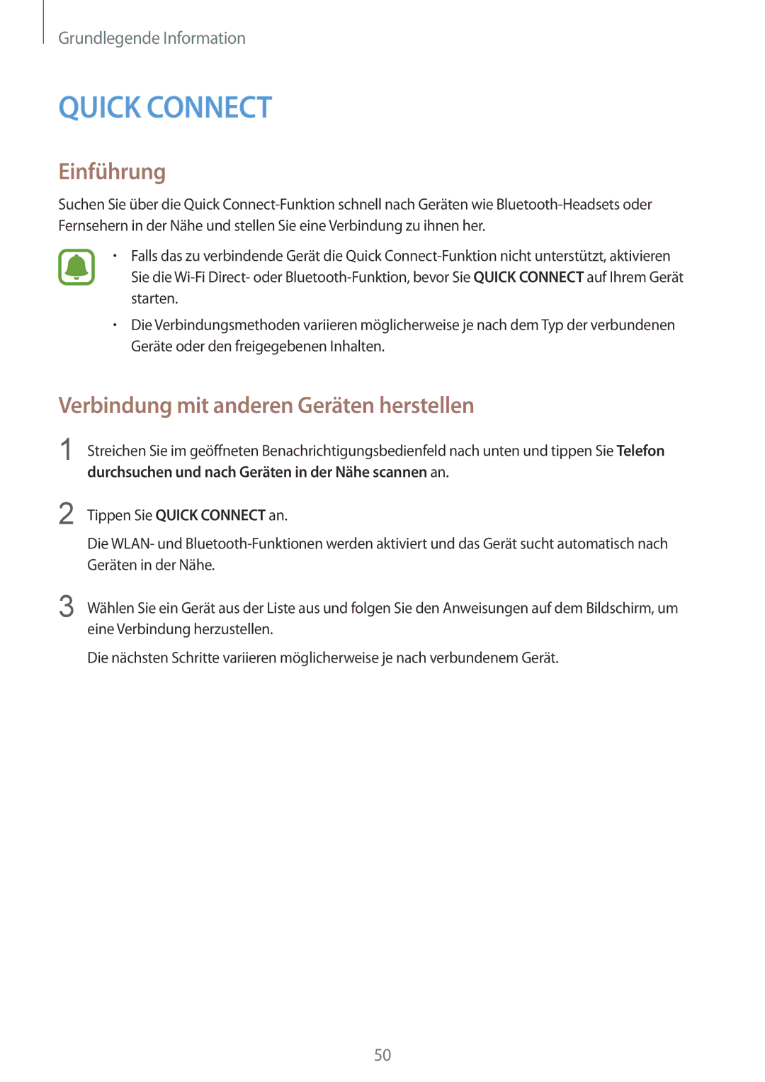 Samsung SM-G920FZDEDBT, SM-G920FZKFDBT, SM-G920FZKEDBT manual Quick Connect, Verbindung mit anderen Geräten herstellen 