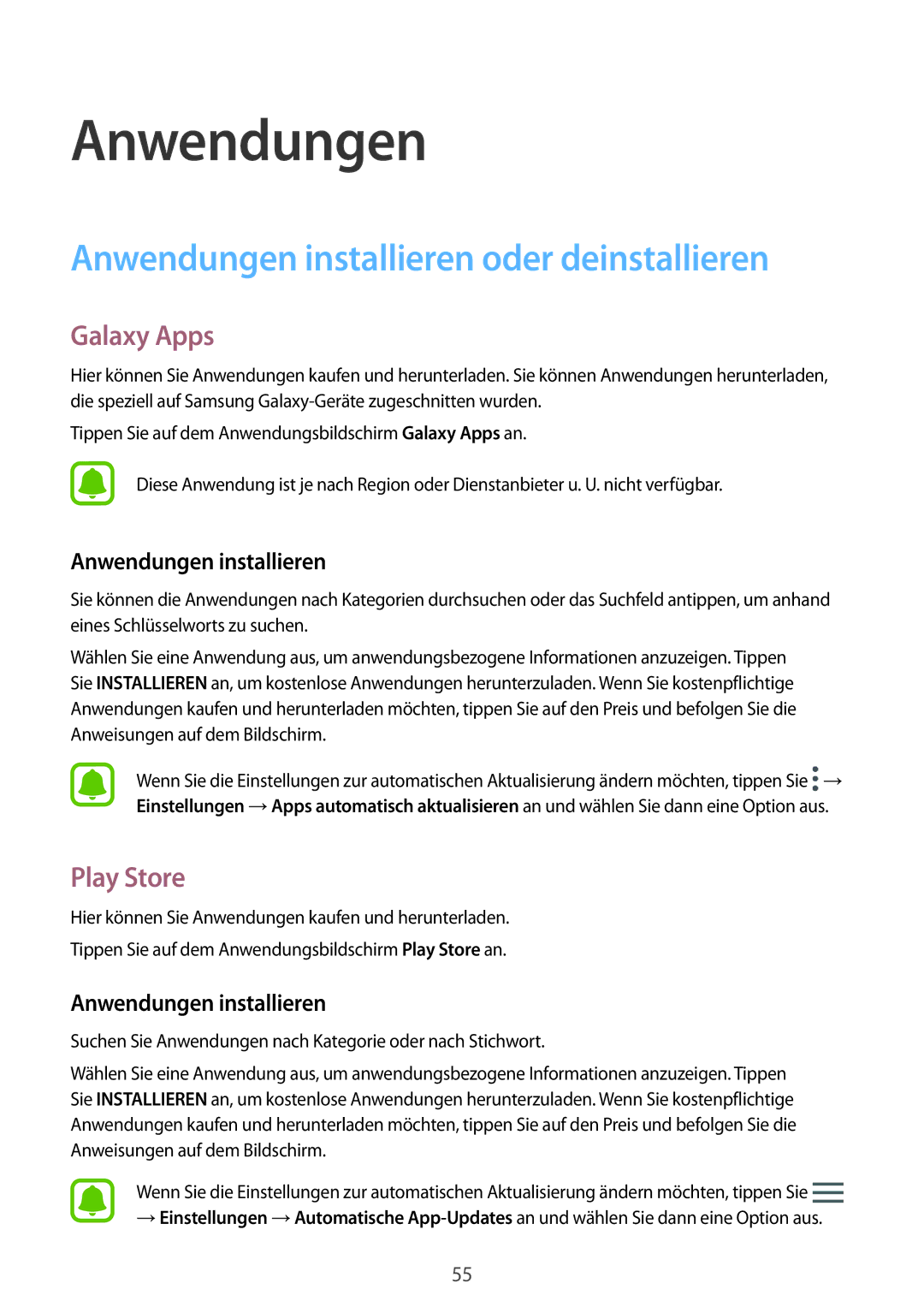 Samsung SM-G920FZDFDBT, SM-G920FZKFDBT manual Anwendungen installieren oder deinstallieren, Galaxy Apps, Play Store 