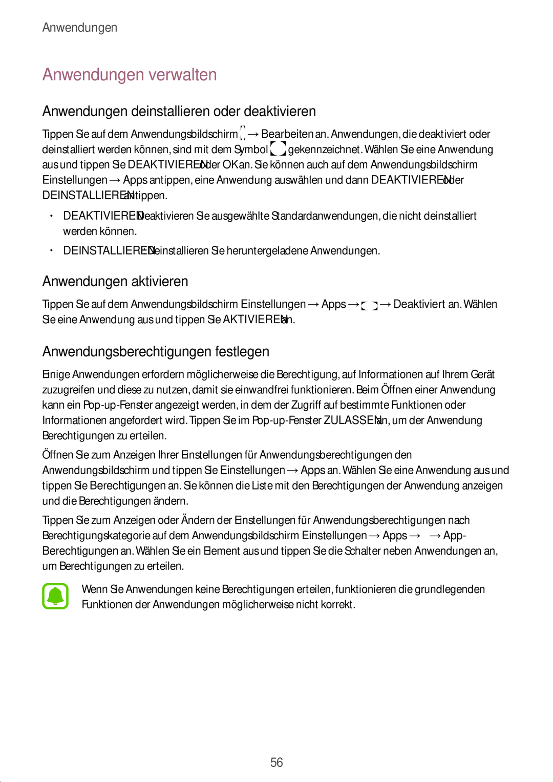 Samsung SM-G920FZKFDBT manual Anwendungen verwalten, Anwendungen deinstallieren oder deaktivieren, Anwendungen aktivieren 