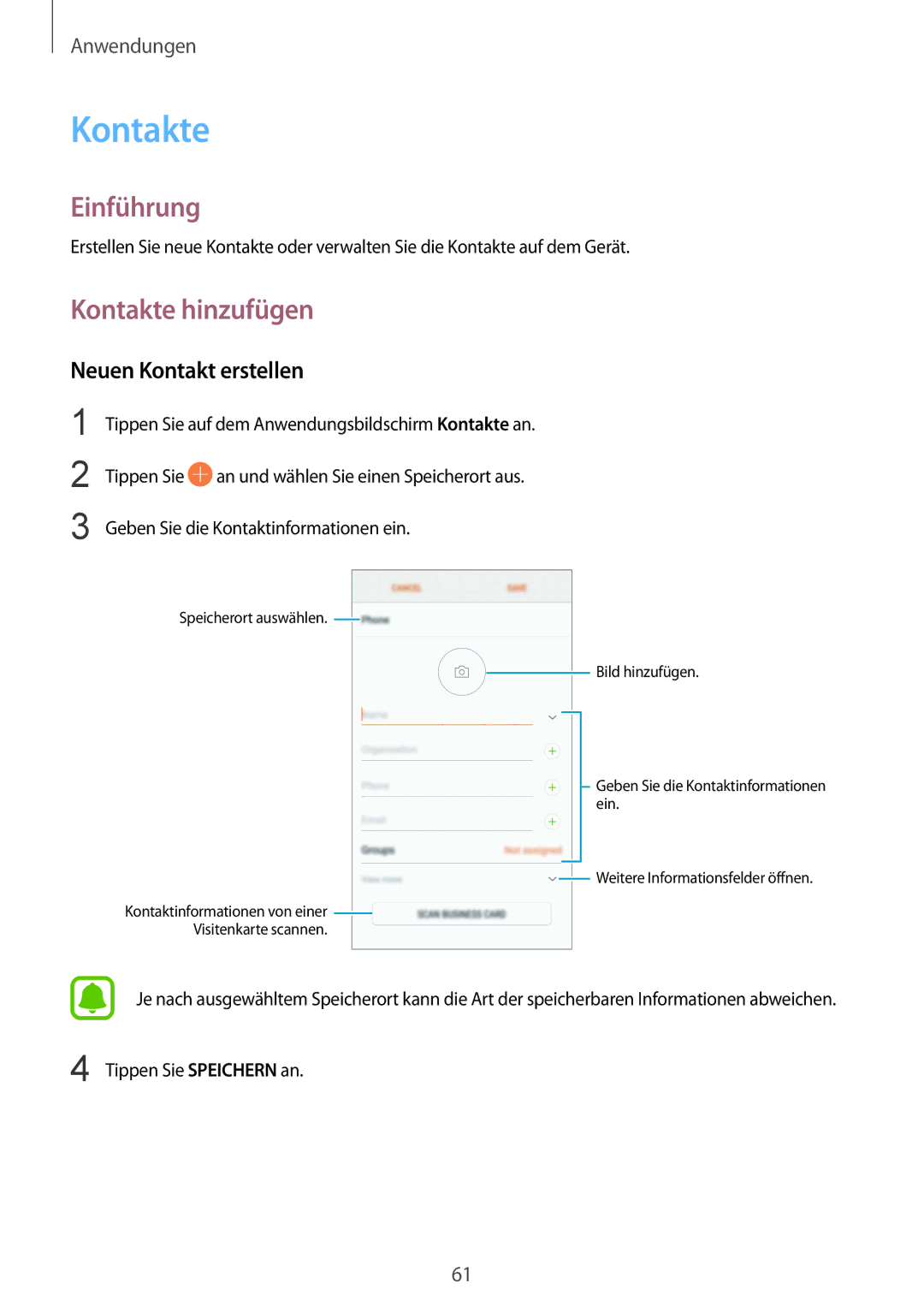 Samsung SM-G920FZWEDBT, SM-G920FZKFDBT, SM-G920FZKEDBT, SM-G920FZDEDBT manual Kontakte hinzufügen, Neuen Kontakt erstellen 